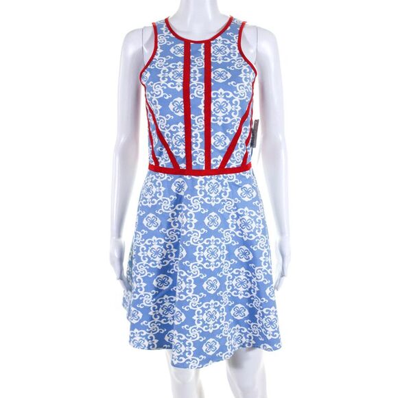 Ellelauri Womens Contrast Trim Abstract Print A line Dress Blue Size M - Picture 1 of 5